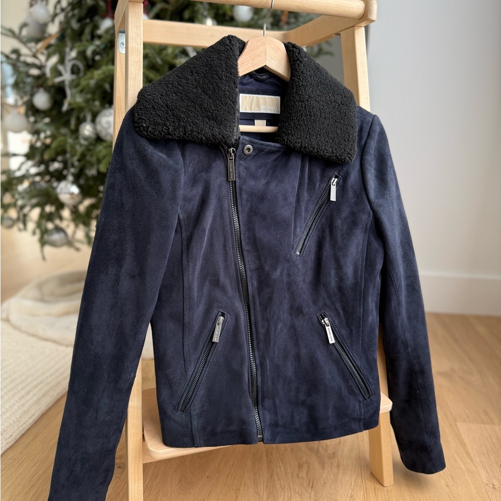 Michael Kors navy shearling collar suede leather moto jacket. Size S